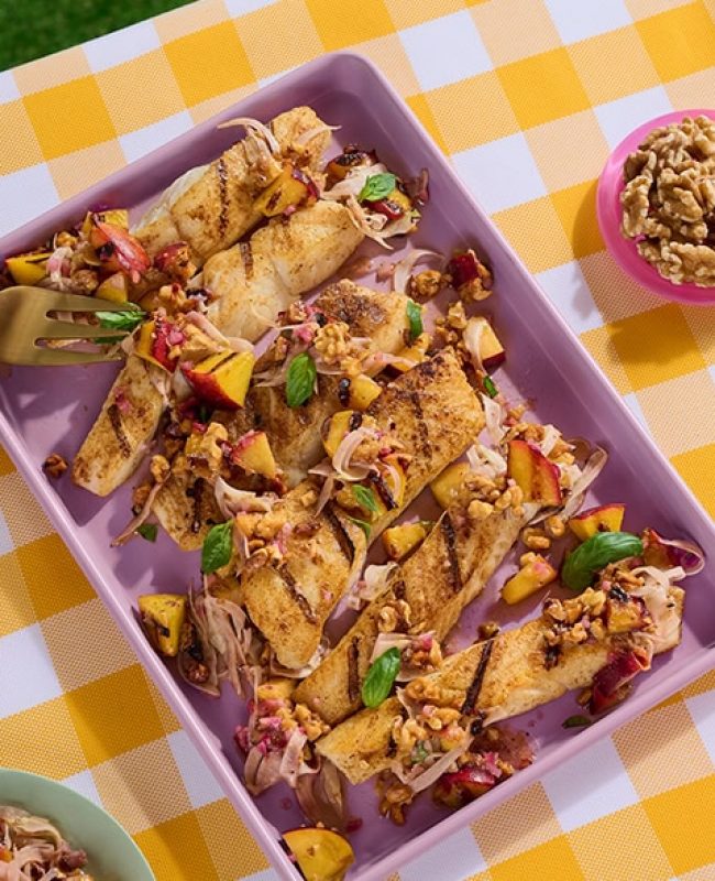 Grilled Mahi Mahi with Walnut Peach Relish