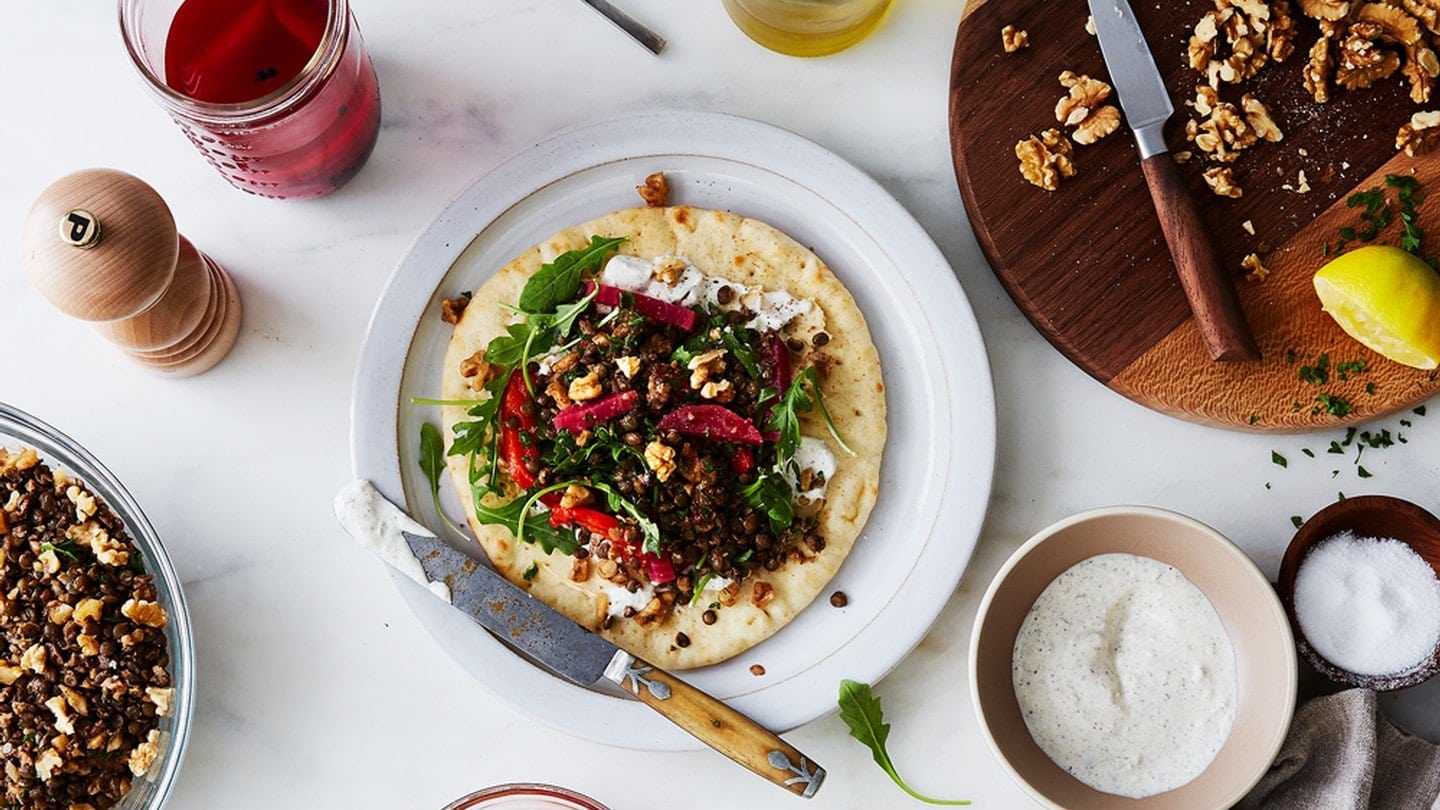 Walnut-Lentil “Gyros” with Spiced Yogurt