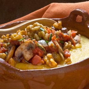 Walnut Rosemary Polenta with Tomato Mushroom Saute