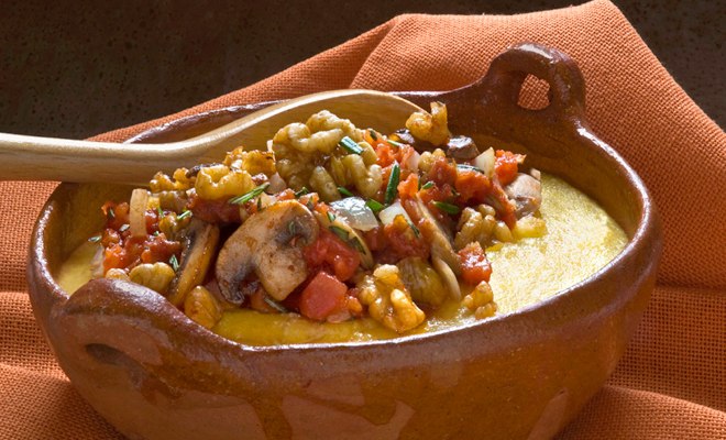 Walnut Rosemary Polenta with Tomato Mushroom Saute