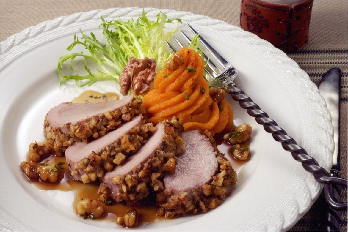 California Walnut-Crusted Pork Loin with Apple Maple Reduction