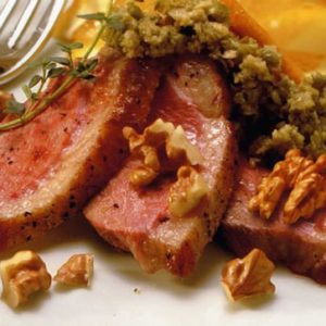 Seared Duck with Roasted Walnuts and Green Olive Tapenade