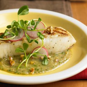 Seabass with Walnut Puree & Pea Sprout Salad
