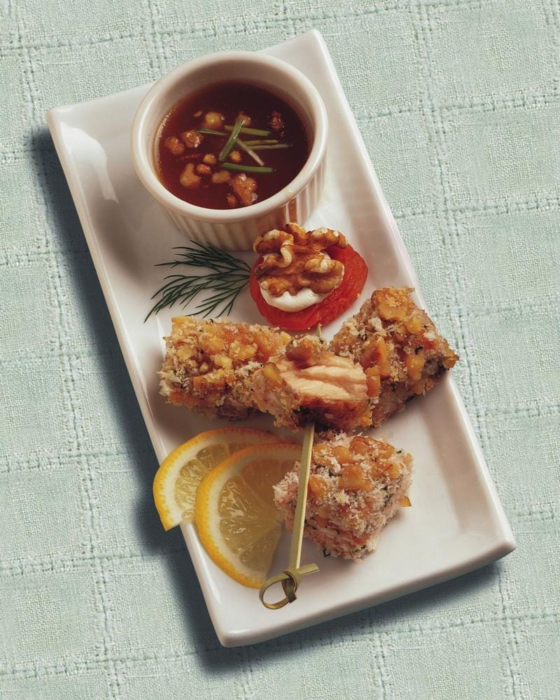 WalnutCrusted Salmon Bites with Apricot Ginger Dipping Sauce California Walnuts
