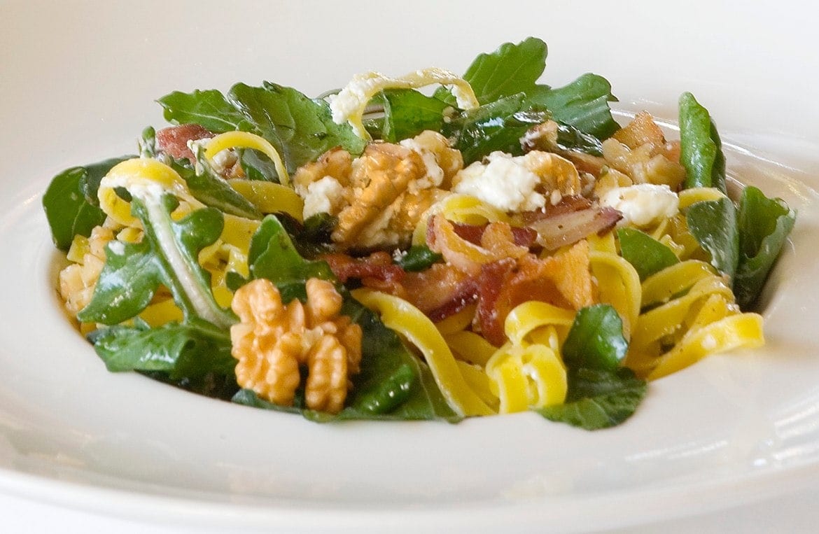 Fettuccine with Applewood Bacon, Sun-Dried Tomatoes, Walnuts
