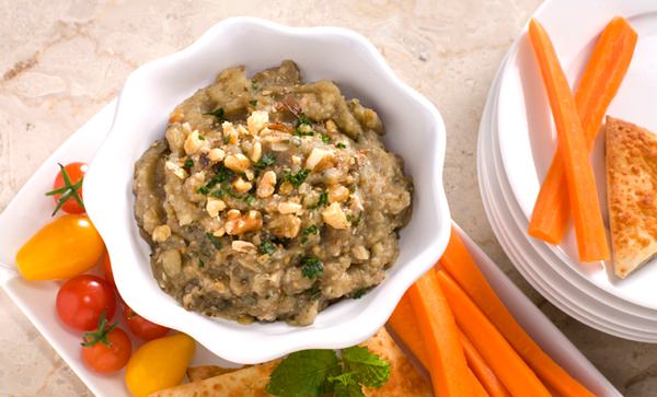 Roasted Eggplant & Walnut Dip with Toasted Pita Triangles