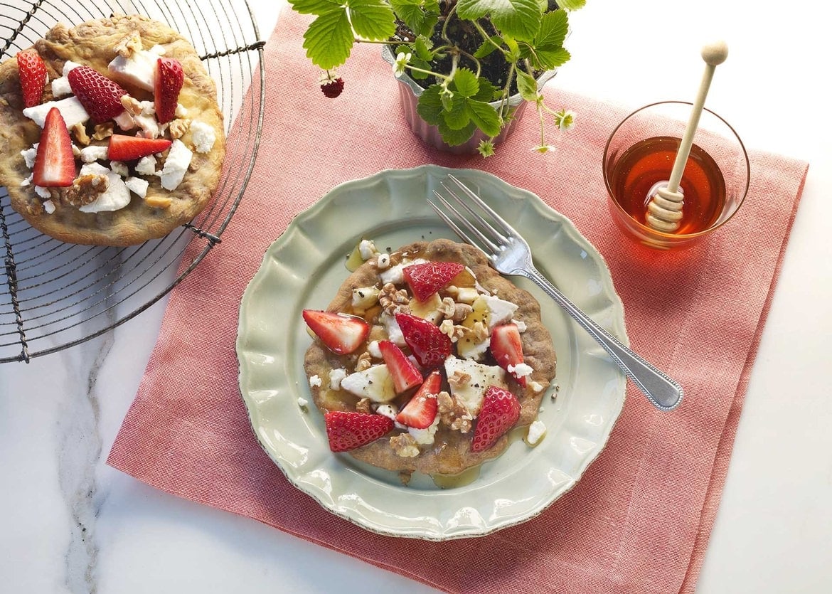 WalnutCrusted Breakfast Pizzettas with Strawberries and Goat Cheese