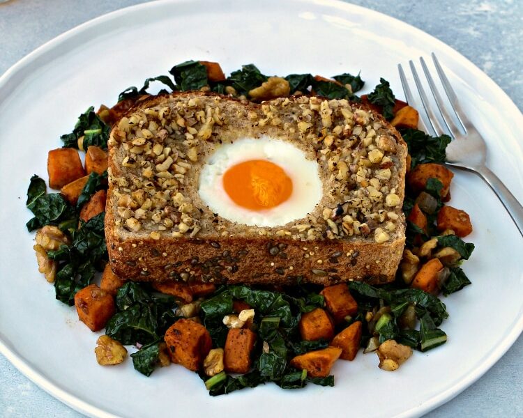 Walnut-Crusted Toad in a Hole with Sweet Potato & Kale Hash