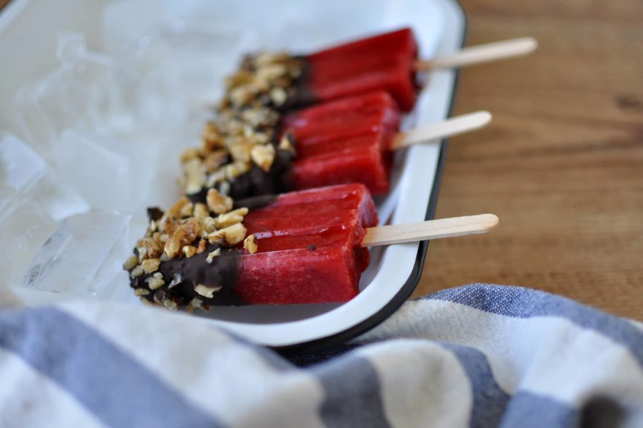 Chocolate Walnut Dipped Strawberry Popsicles