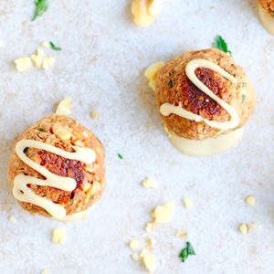 Walnut No-Meatballs with Honey Garlic Tahini Sauce