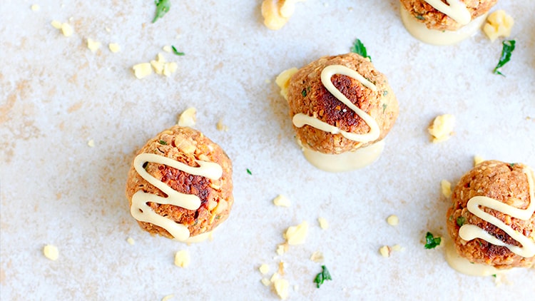 Walnut No-Meatballs with Honey Garlic Tahini Sauce