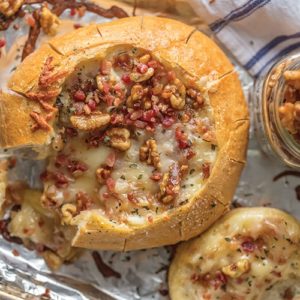 Candied Walnuts and Bacon Baked Brie Bread Bowl