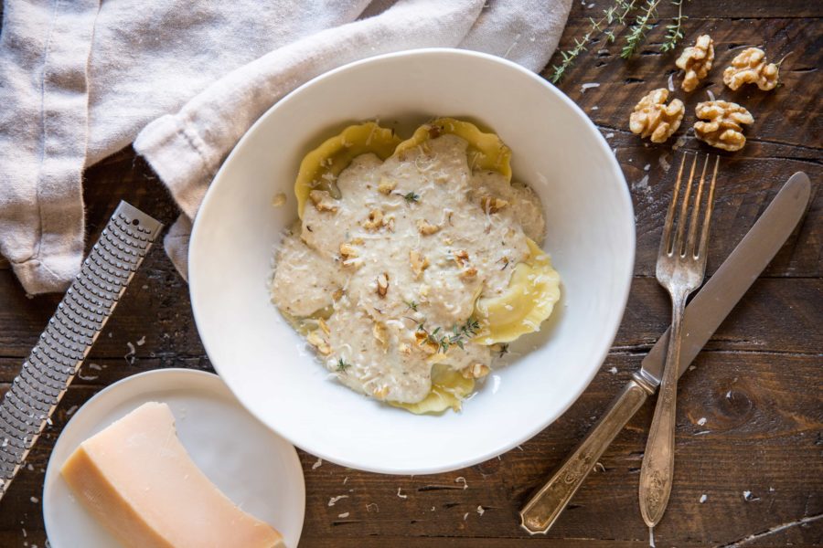 Mushroom Ravioli with Walnut Sauce