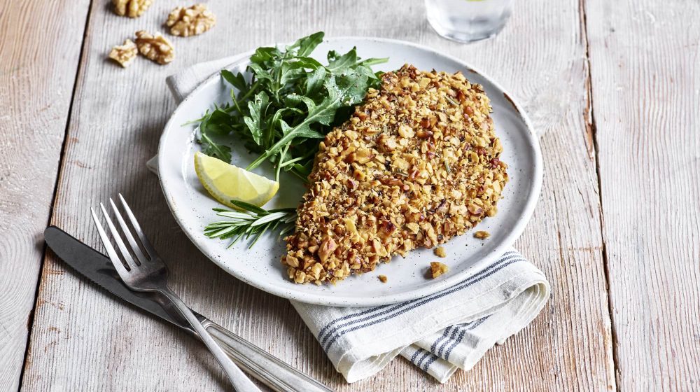 Herbed Matzo Walnut Crusted Chicken