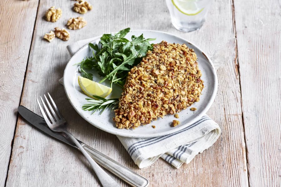 Herbed Matzo Walnut Crusted Chicken