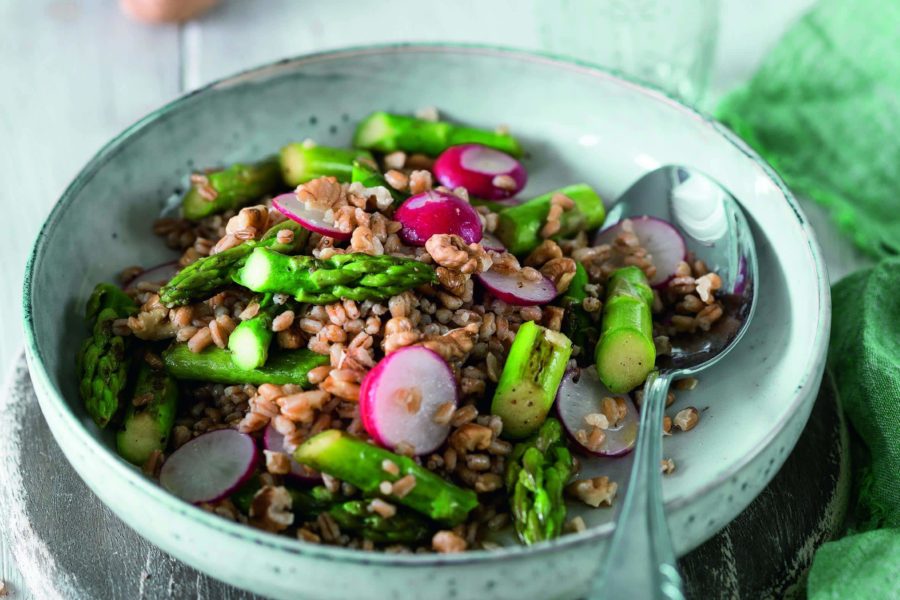 Spelt Salad with Asparagus, Walnuts, Radish