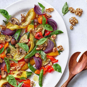 Roasted Vegetables with Walnuts Basil and Balsamic Vinaigrette