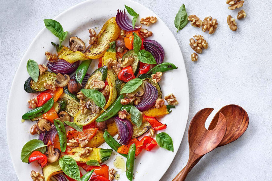 Roasted Vegetables with Walnuts Basil and Balsamic Vinaigrette