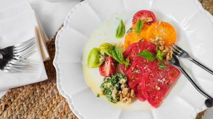 Chunky Walnut Pesto Heirloom Tomatoes