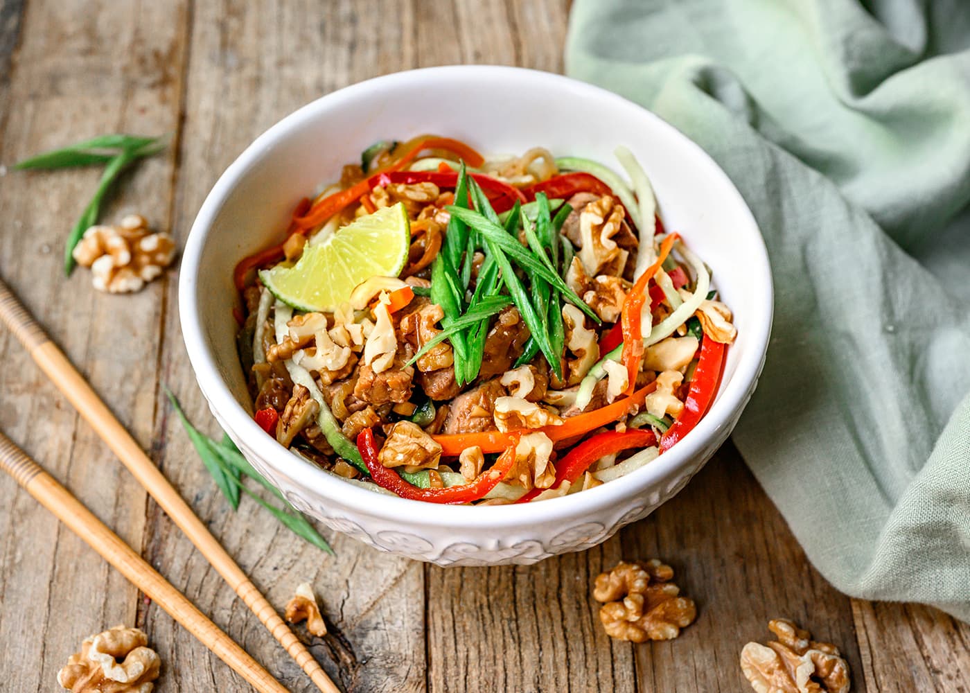 Teriyaki Pork Walnut Zucchini Noodle Bowl California Walnuts