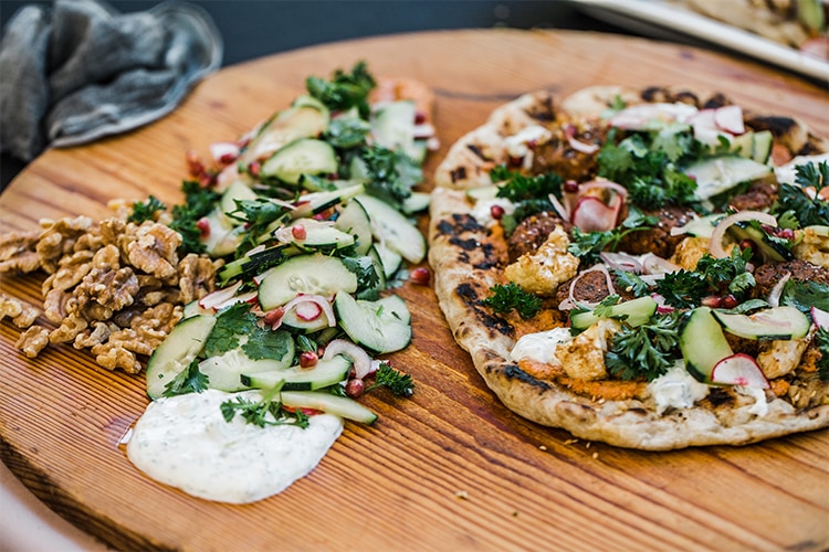 Walnut Falafel Flatbread with Red Pepper Walnut Tahini