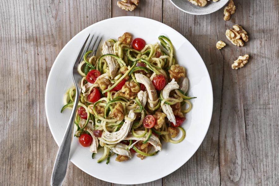 Warm Parmesan Zucchini Noodles with Chicken, Tomatoes and Walnuts