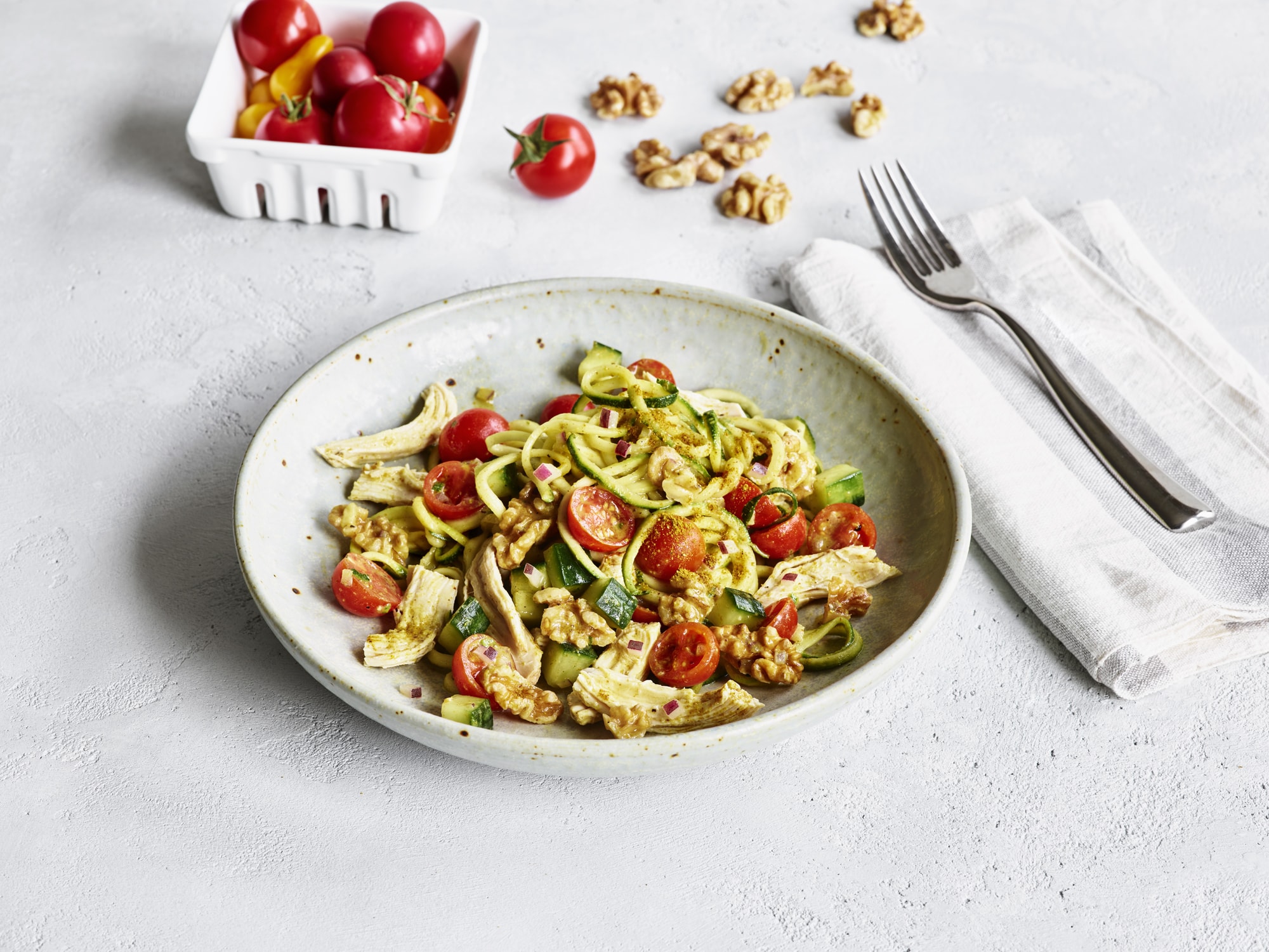Chicken and Walnut Zoodle Bowl with Curry Vinaigrette California