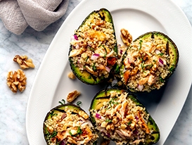 Salmon Quinoa Walnut Stuffed Avocados