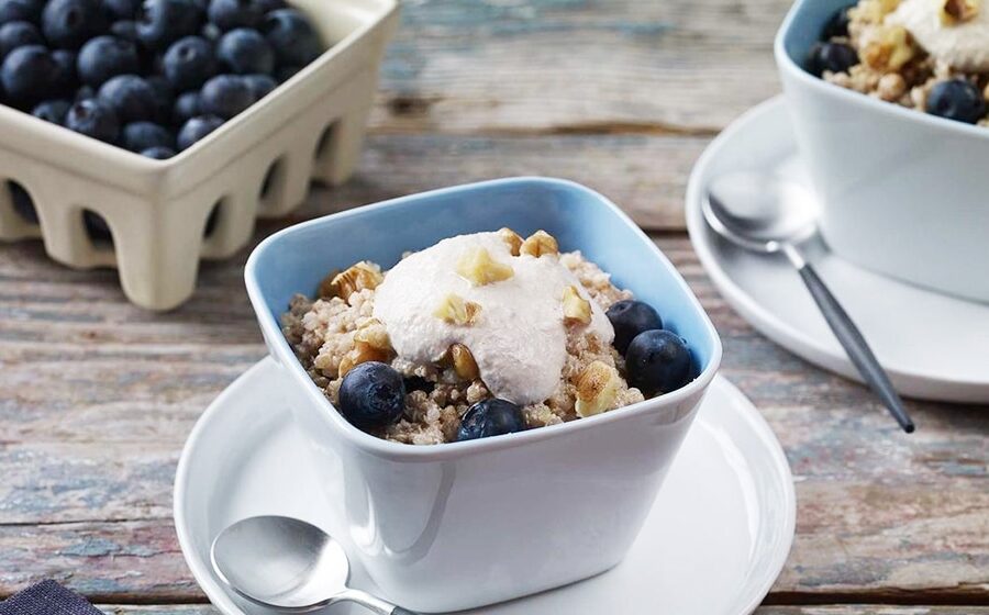 Breakfast Quinoa with Walnut Cream and Blueberries