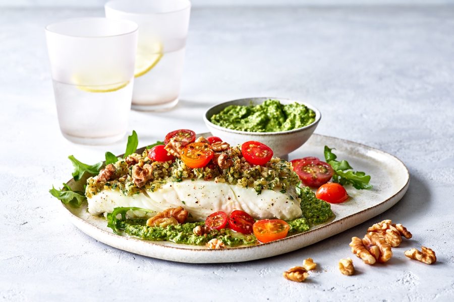 Walnut Panko Crusted Halibut with Arugula Pesto and Herbed Tomatoes