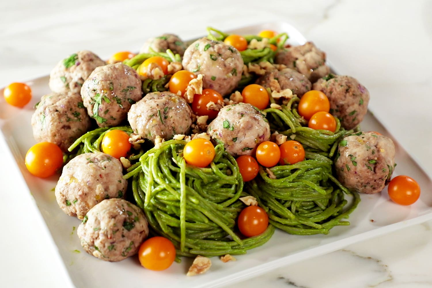 Spinach Walnut Pesto Pasta with Turkey Meatballs