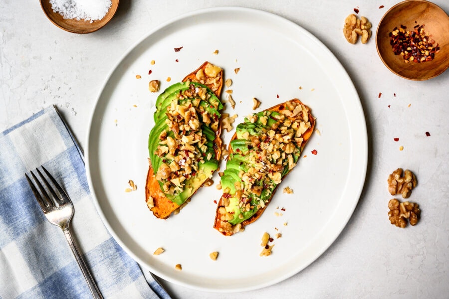 Sweet Potato Avocado Toasts with Walnuts