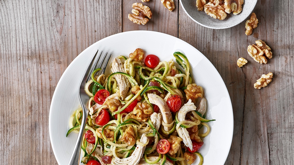 Parmesan Zucchini Noodles with Chicken, Tomatoes, and Walnuts