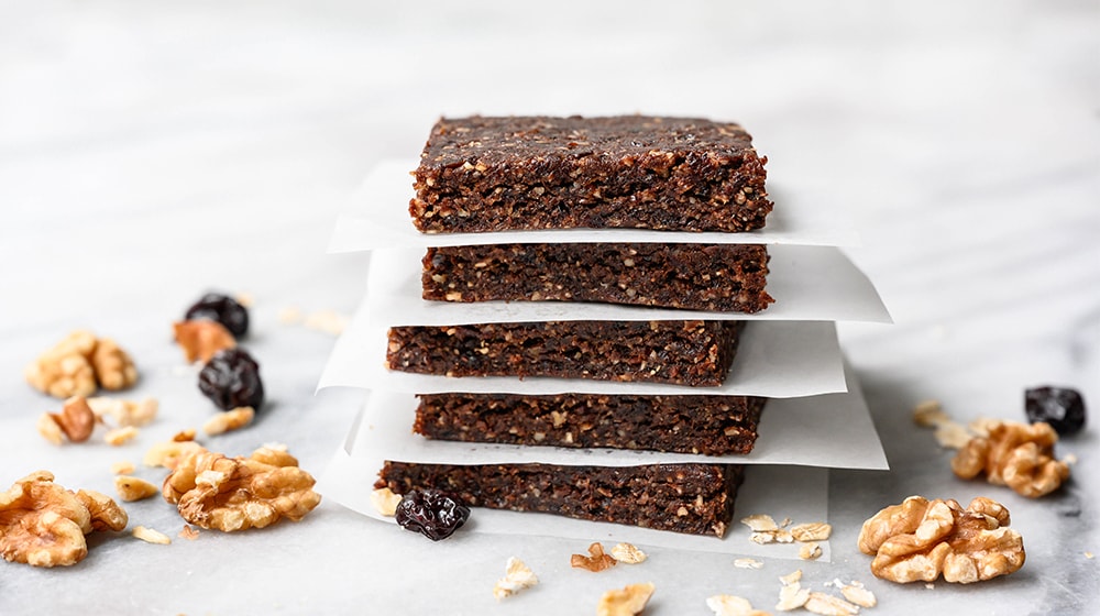 No-Bake Walnut, Cocoa, Cherry Bars