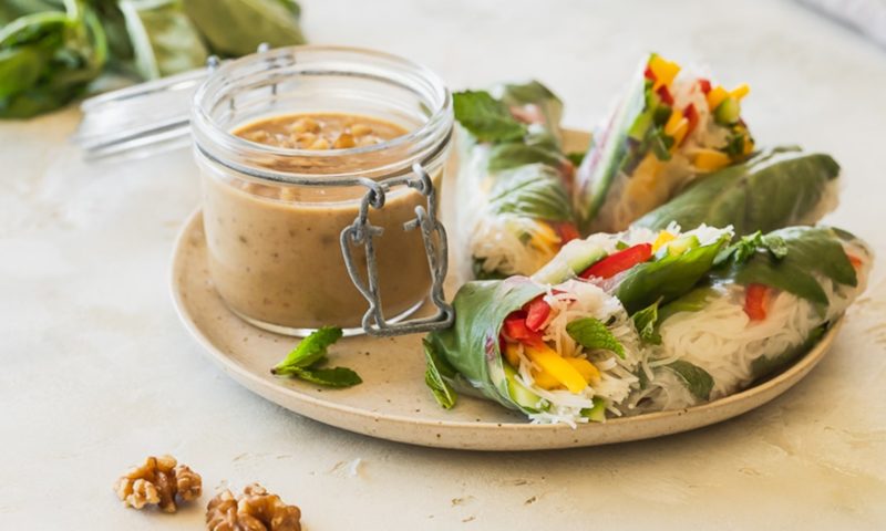 Mango Summer Rolls with Walnut Ginger Dipping Sauce