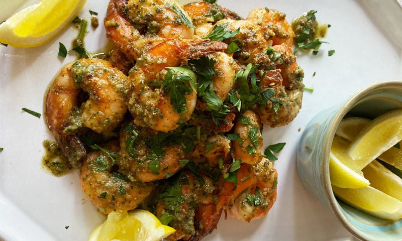 Grilled Shrimp with Walnut Chimichurri