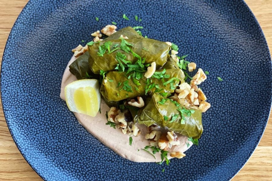 Walnut and Shiitake Stuffed Grape Leaves with Pomegranate Walnut Cream