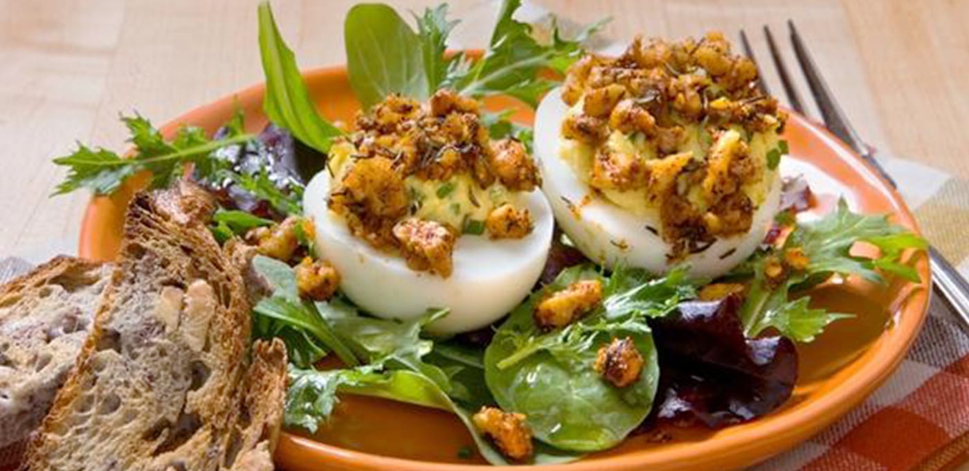 Deviled Eggs with Cajun Spiced Walnut CrumbTopping