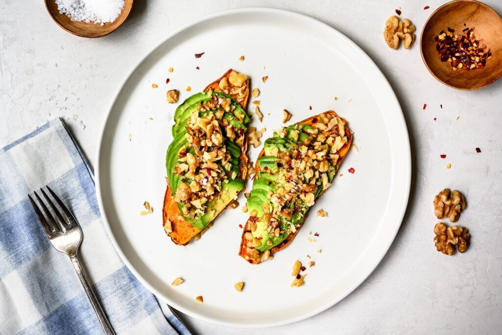 Sweet Potato Avocado Toasts with Walnuts