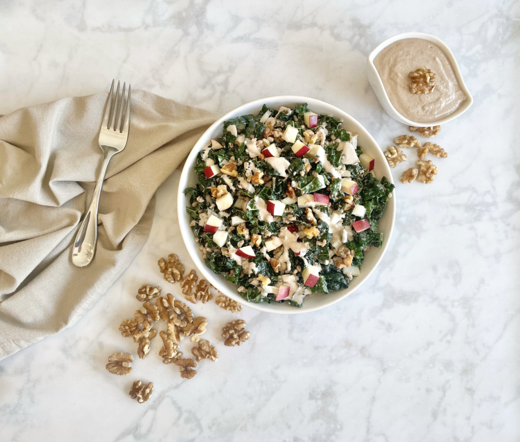 Kale Farro Salad with Creamy Apple Cider Walnut Vinaigrette