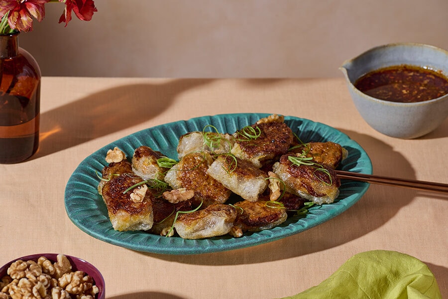 Crispy Rice Paper Dumplings with Pumpkin, Walnut, Sage and Brown Butter Dipping Sauce