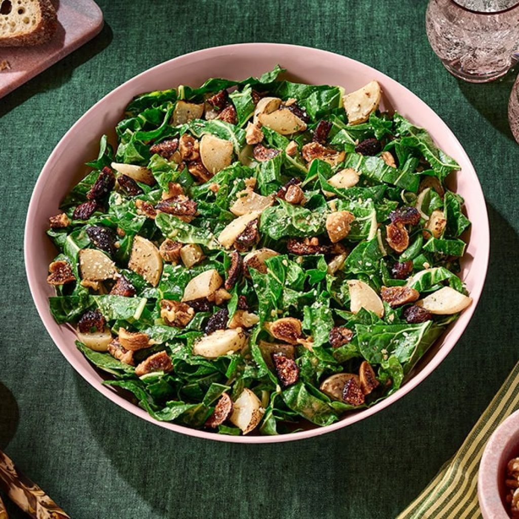 Swiss Chard Salad w/ Honey Dijon Vinaigrette, Roasted Turnips, Dried Figs and Walnut Pecorino Crumble