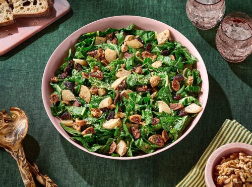 Swiss Chard Salad w/ Honey Dijon Vinaigrette, Roasted Turnips, Dried Figs and Walnut Pecorino Crumble