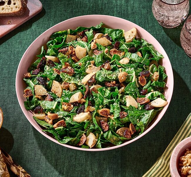 Swiss Chard Salad w/ Honey Dijon Vinaigrette, Roasted Turnips, Dried Figs and Walnut Pecorino Crumble