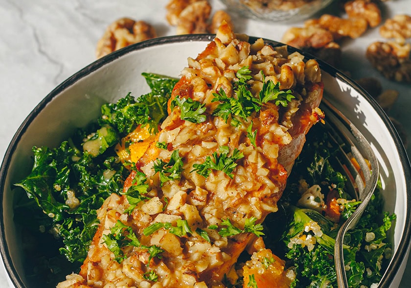 Walnut Crusted Salmon Grain Bowl