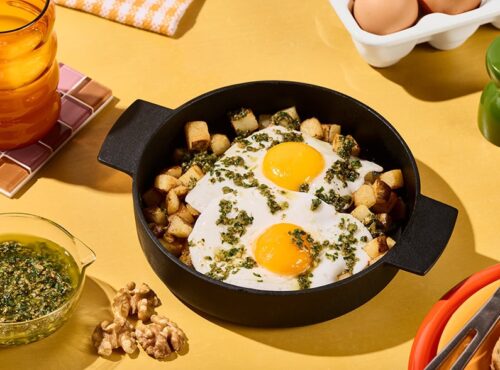 Potato Hash with Eggs and Walnut Basil Pesto