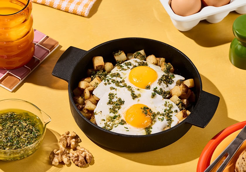 Potato Hash with Eggs and Walnut Basil Pesto