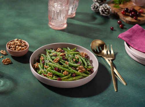 Roasted Green Beans with Walnuts and Mustard Vinaigrette