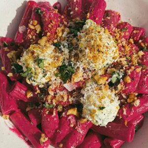 Creamy Beet Pasta with Walnut Breadcrumbs and Ricotta