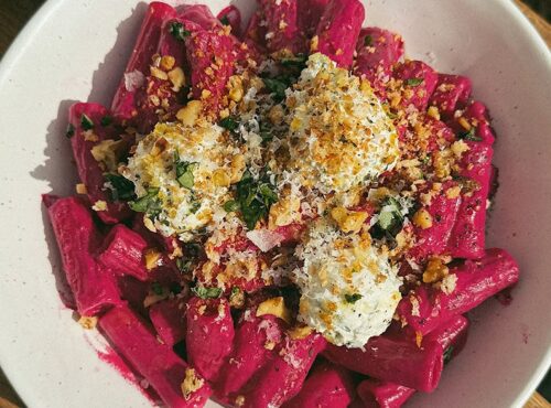 Creamy Beet Pasta with Walnut Breadcrumbs and Ricotta